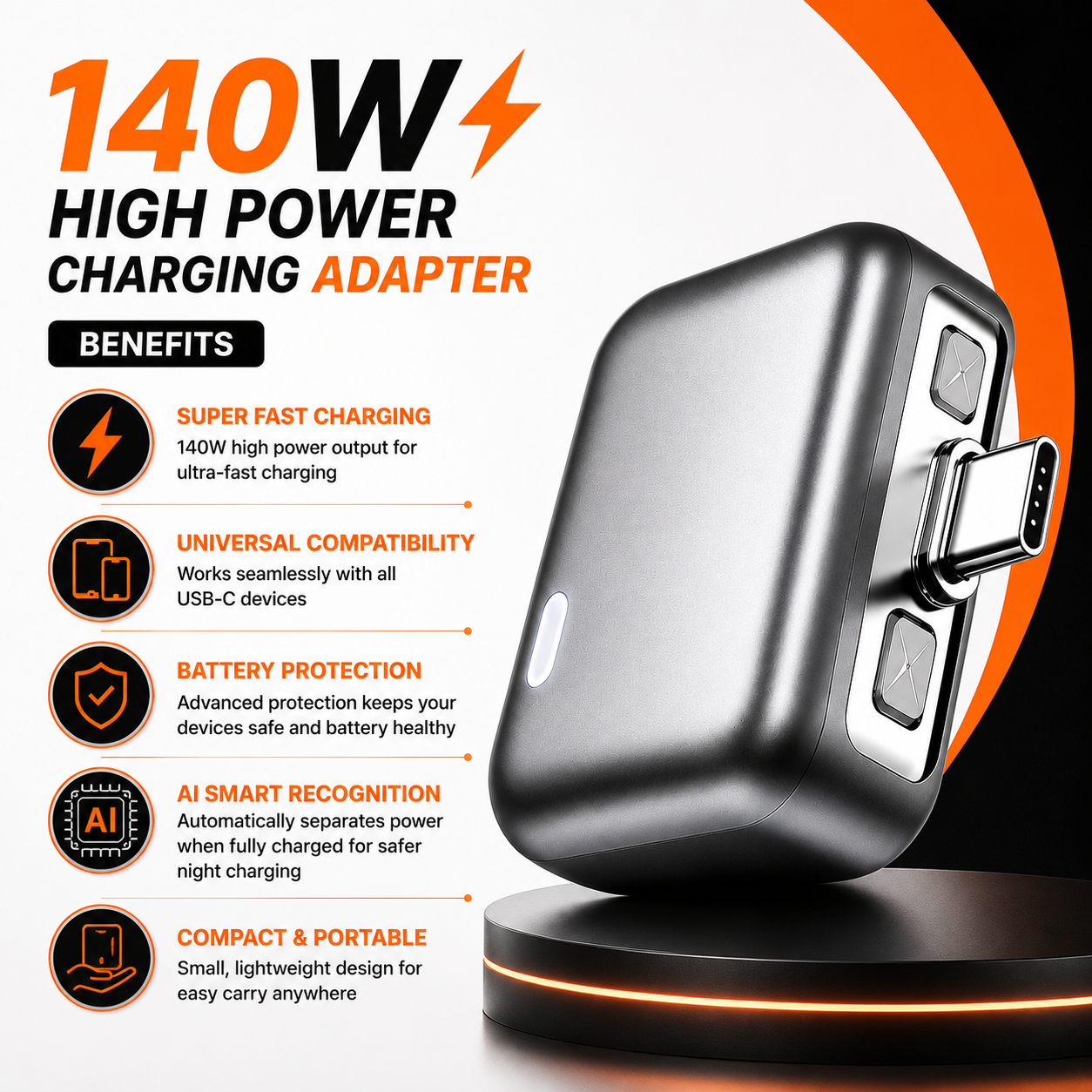 140W AI Smart Auto Disconnect Fast Charging Adapter