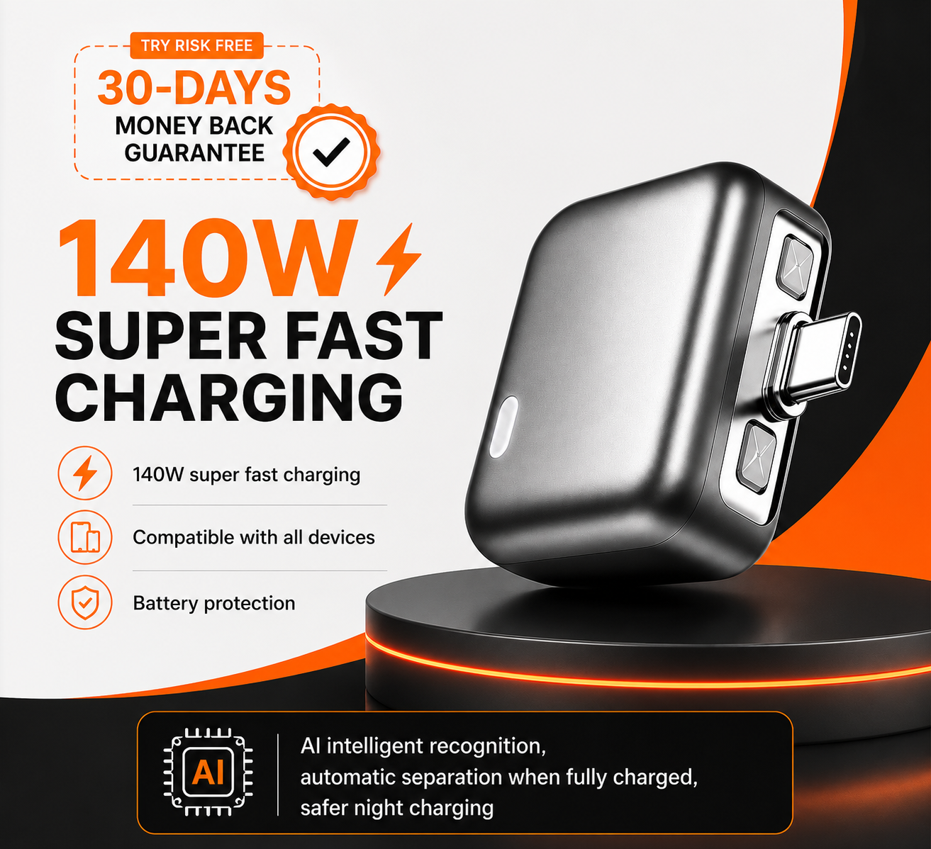 140W AI Smart Auto Disconnect Fast Charging Adapter